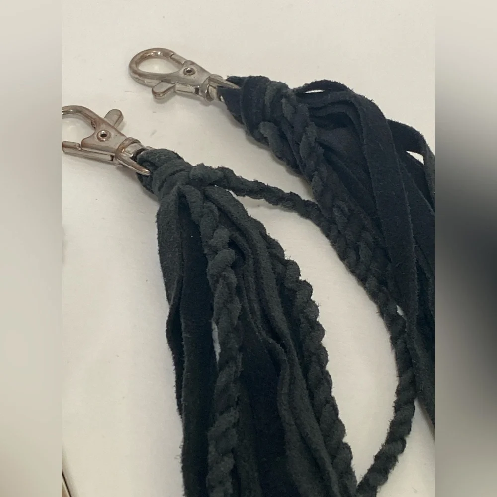 OOAK black leather feather tribal clip set. Festival Burning Man style